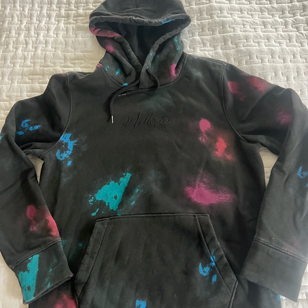 Hollister Black Hoodie with Blue and Pink Accents